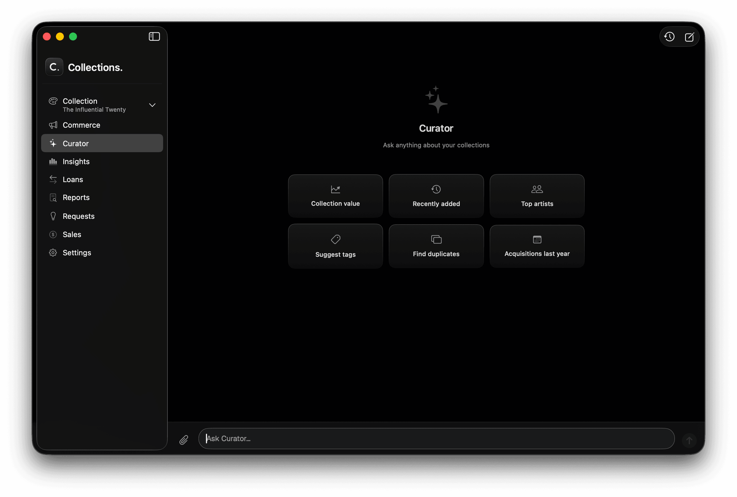 The Curator view, with suggested questions such as collection value, recently added and top artists.