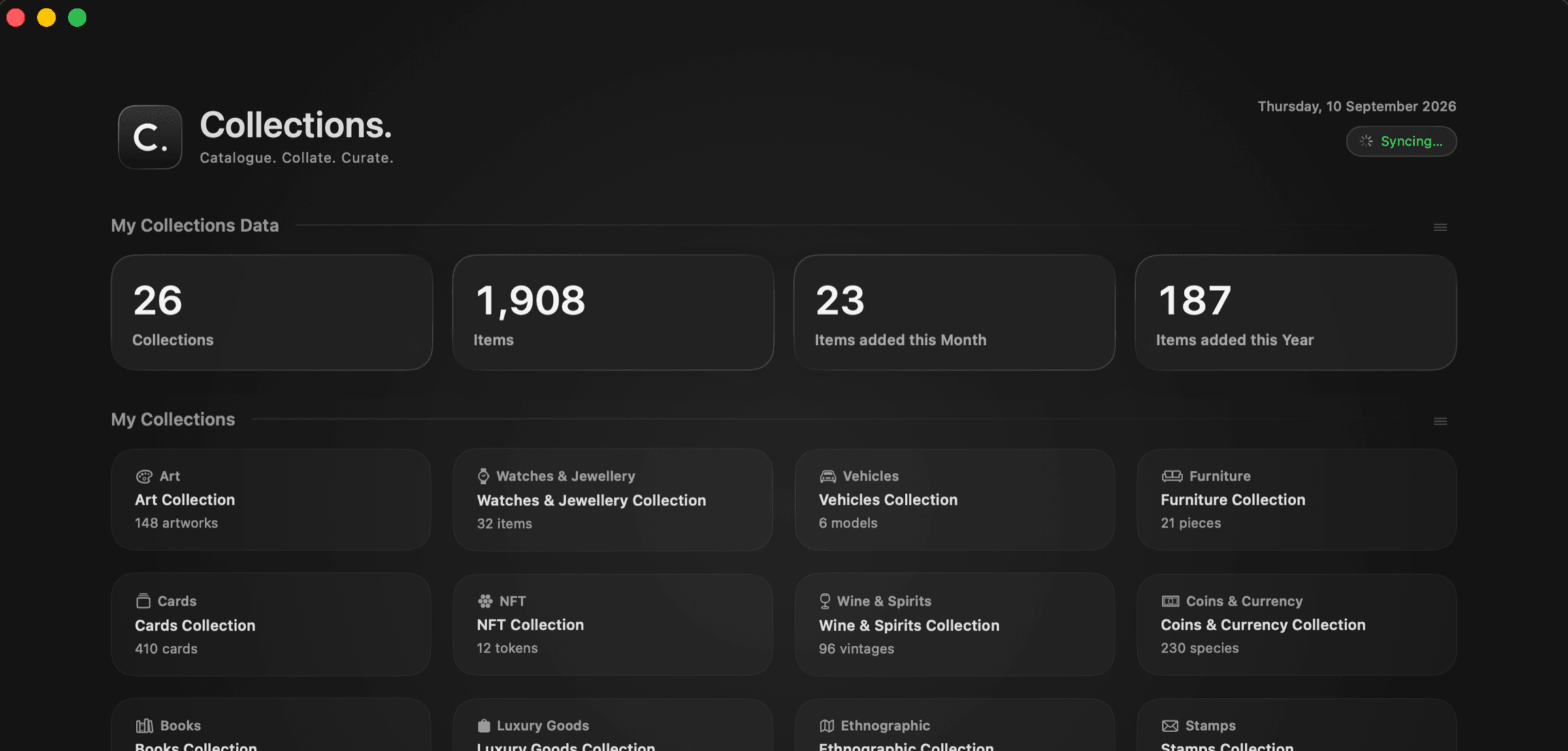 The Collections. Home Hub on Mac, showing 26 collections, 1,908 items, and a tile for each collection type.