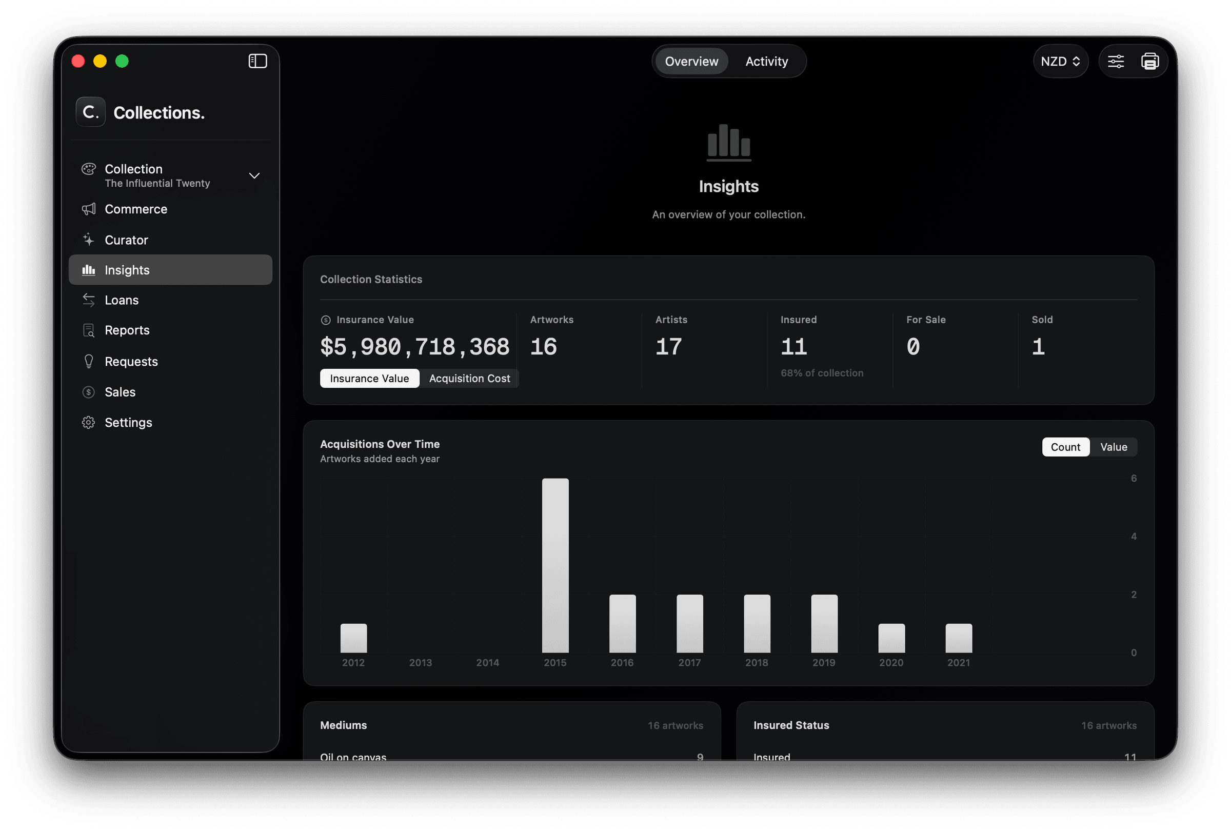 The Insights view with collection statistics, insurance value and acquisitions over time.
